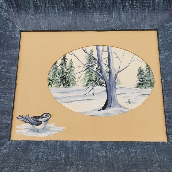 Signed Art Hand Painted Winter Scene Bird Lover Wood Frame Trees Farm Decor Snow - Picture 6 of 10